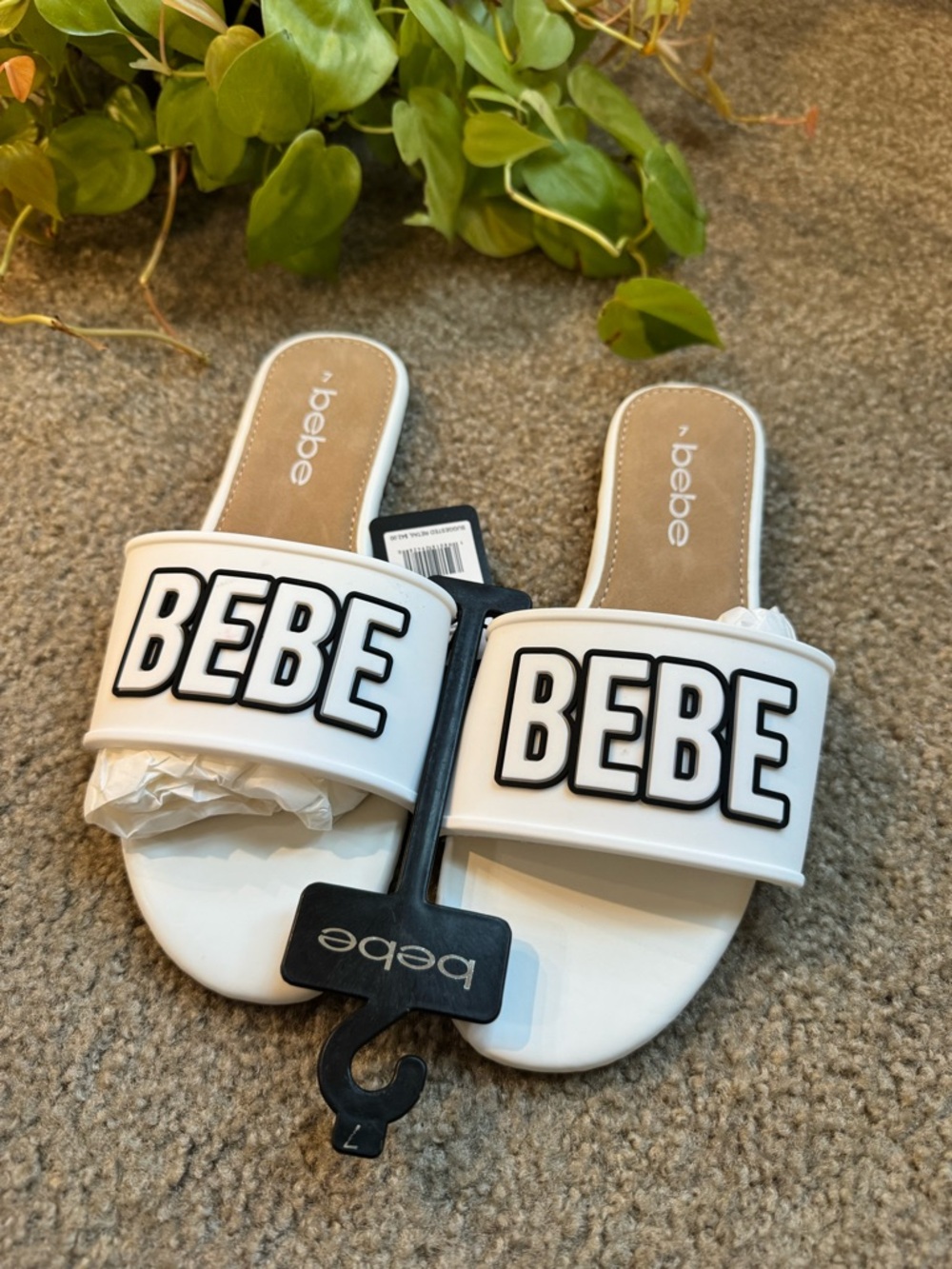 bebe White Slide Sandals with Bold Logo Strap